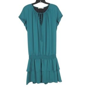 AMANDA UPRICHARD Green SATIN Tie V-Neck RUFFLE Smock DROP-WAIST Blouson Dress S